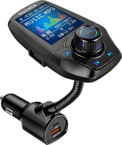 Bluetooth FM Transmitter in-Car Wireless Radio Adapter Kit W 1.8" Color Display Hands-Free Call AUX in/Out SD/TF Card USB Charger PD 20W for All Smartphones Audio Players