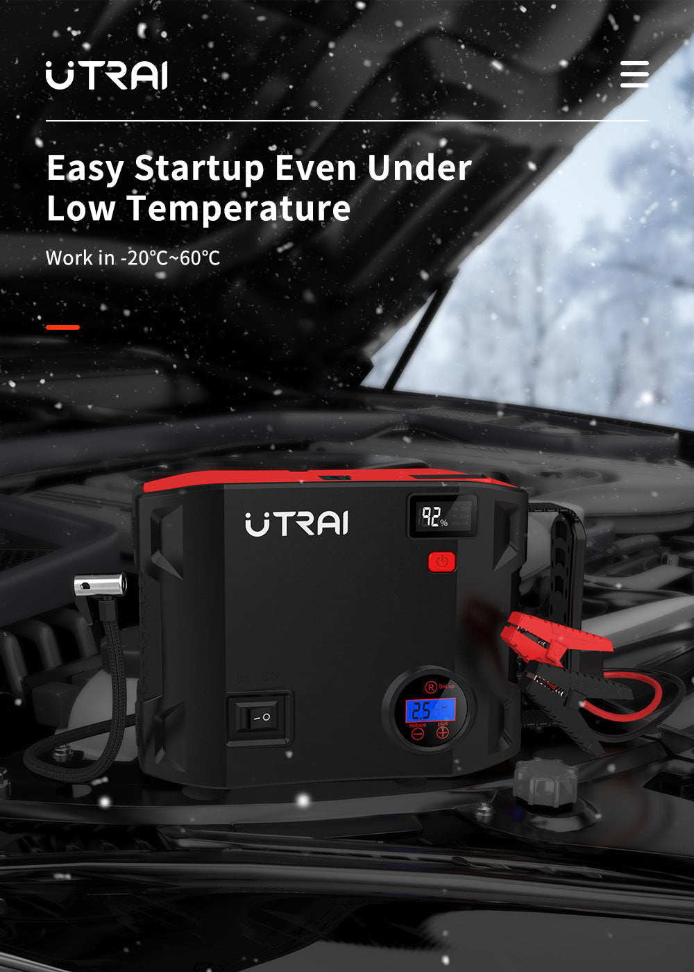 UTRAI 2000 Amp 24000mAh 12V Car Battery Charger with 150 PSI Tire Inflator, Jumper Cables Jump Box for up to 8L Gas and 6.5L Diesel Engines (Model BJ-5-OR)