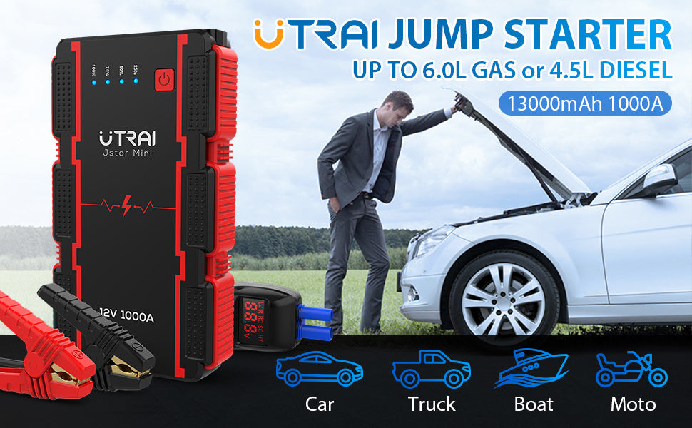 UTRAI Car Battery Starter, 1000A Peak 13000mAh 12V Car Auto Jump Starter, Portable Battery Booster with Lithium Jump Box and LED Light (Up to 6L Gas or 4.5L Diesel Engine) (Model BJ-MINI-OR)