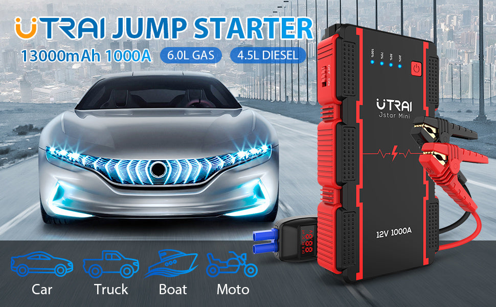 UTRAI Car Battery Starter, 1000A Peak 13000mAh 12V Car Auto Jump Starter, Portable Battery Booster with Lithium Jump Box and LED Light (Up to 6L Gas or 4.5L Diesel Engine) (Model BJ-MINI-OR)