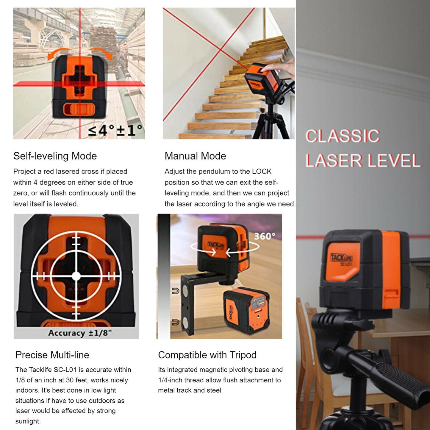 Tacklife SC-L01-50 Feet Laser Level Self-Leveling Horizontal and Vertical Cross