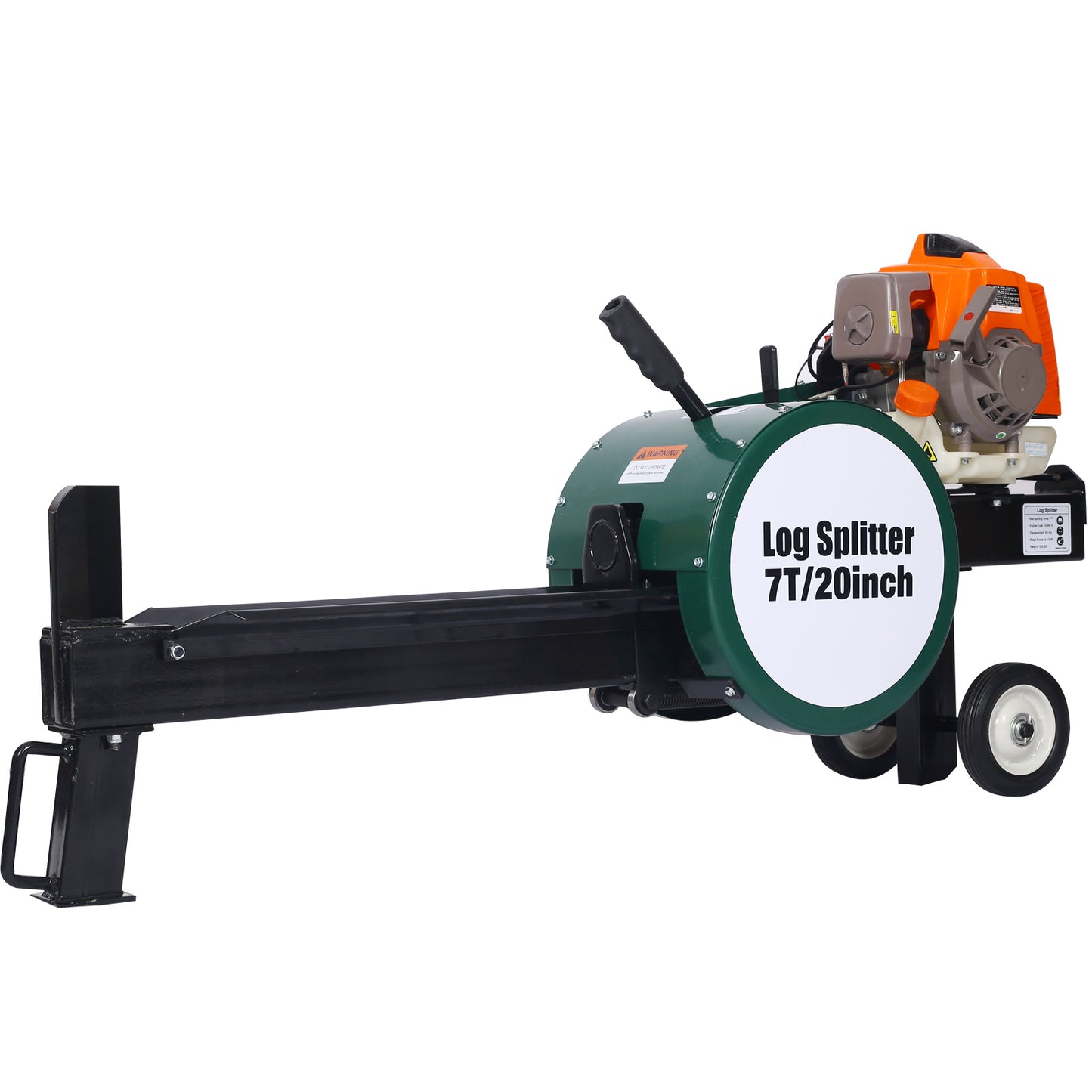 Double Flywheel Electric Log Splitter 7-Ton Compact Horizontal Gas Log Splitter with Auto Return 20in; portable 63cc engine firewood splitting forestry harvesting