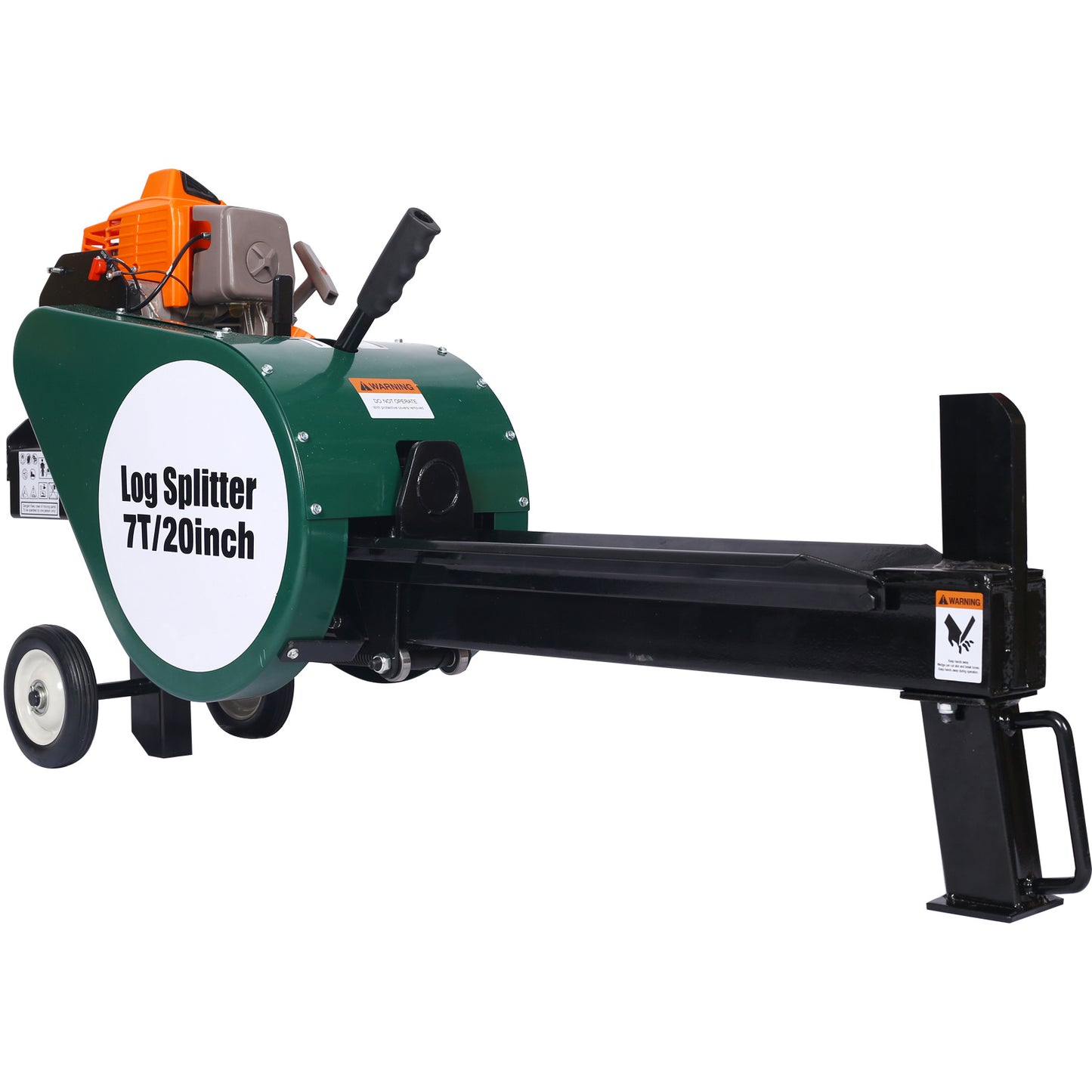 Double Flywheel Electric Log Splitter 7-Ton Compact Horizontal Gas Log Splitter with Auto Return 20in; portable 63cc engine firewood splitting forestry harvesting