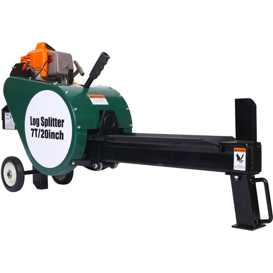 Double Flywheel Electric Log Splitter 7-Ton Compact Horizontal Gas Log Splitter with Auto Return 20in; portable 63cc engine firewood splitting forestry harvesting