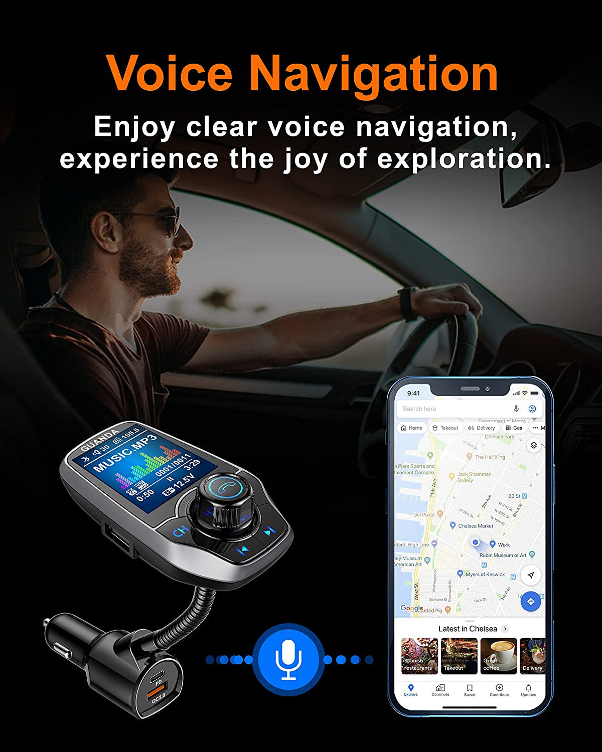 Bluetooth FM Transmitter in-Car Wireless Radio Adapter Kit W 1.8" Color Display Hands-Free Call AUX in/Out SD/TF Card USB Charger PD 20W for All Smartphones Audio Players