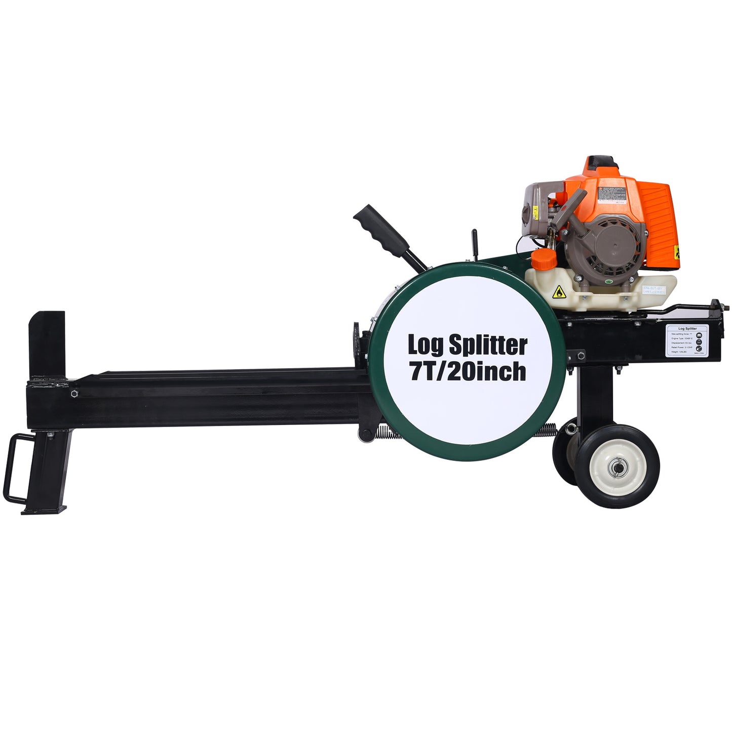 Double Flywheel Electric Log Splitter 7-Ton Compact Horizontal Gas Log Splitter with Auto Return 20in; portable 63cc engine firewood splitting forestry harvesting