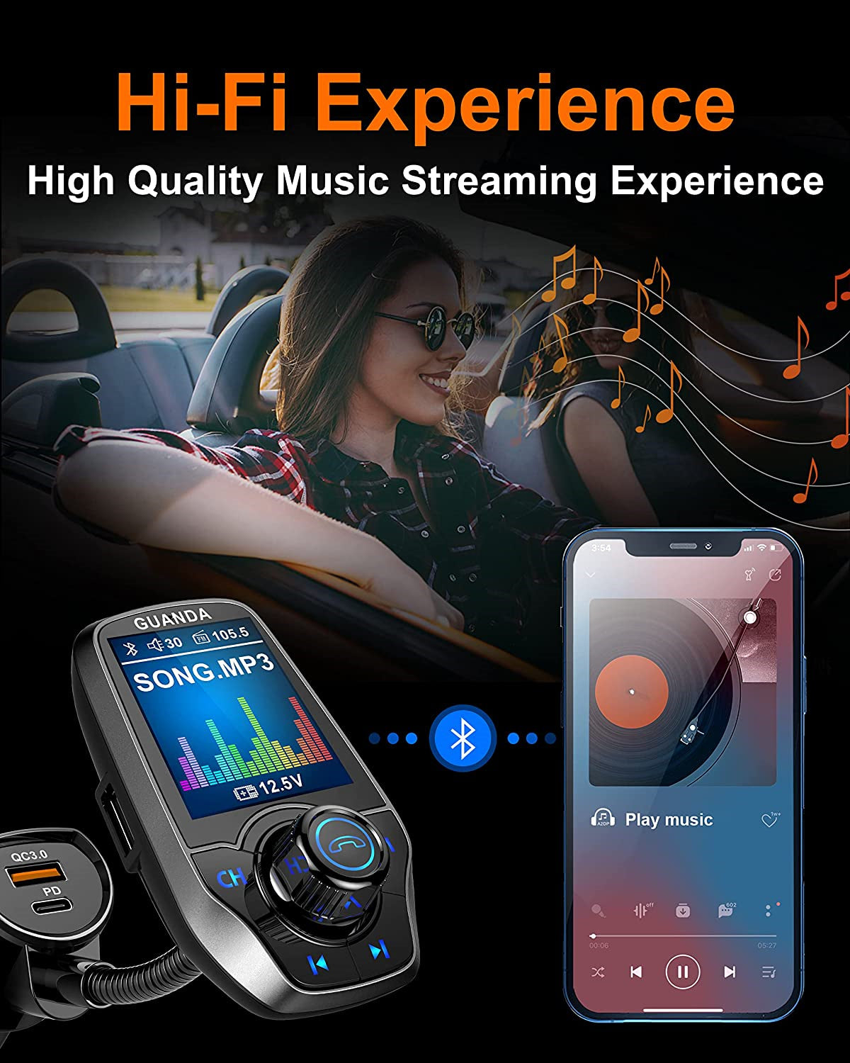 Bluetooth FM Transmitter in-Car Wireless Radio Adapter Kit W 1.8" Color Display Hands-Free Call AUX in/Out SD/TF Card USB Charger PD 20W for All Smartphones Audio Players