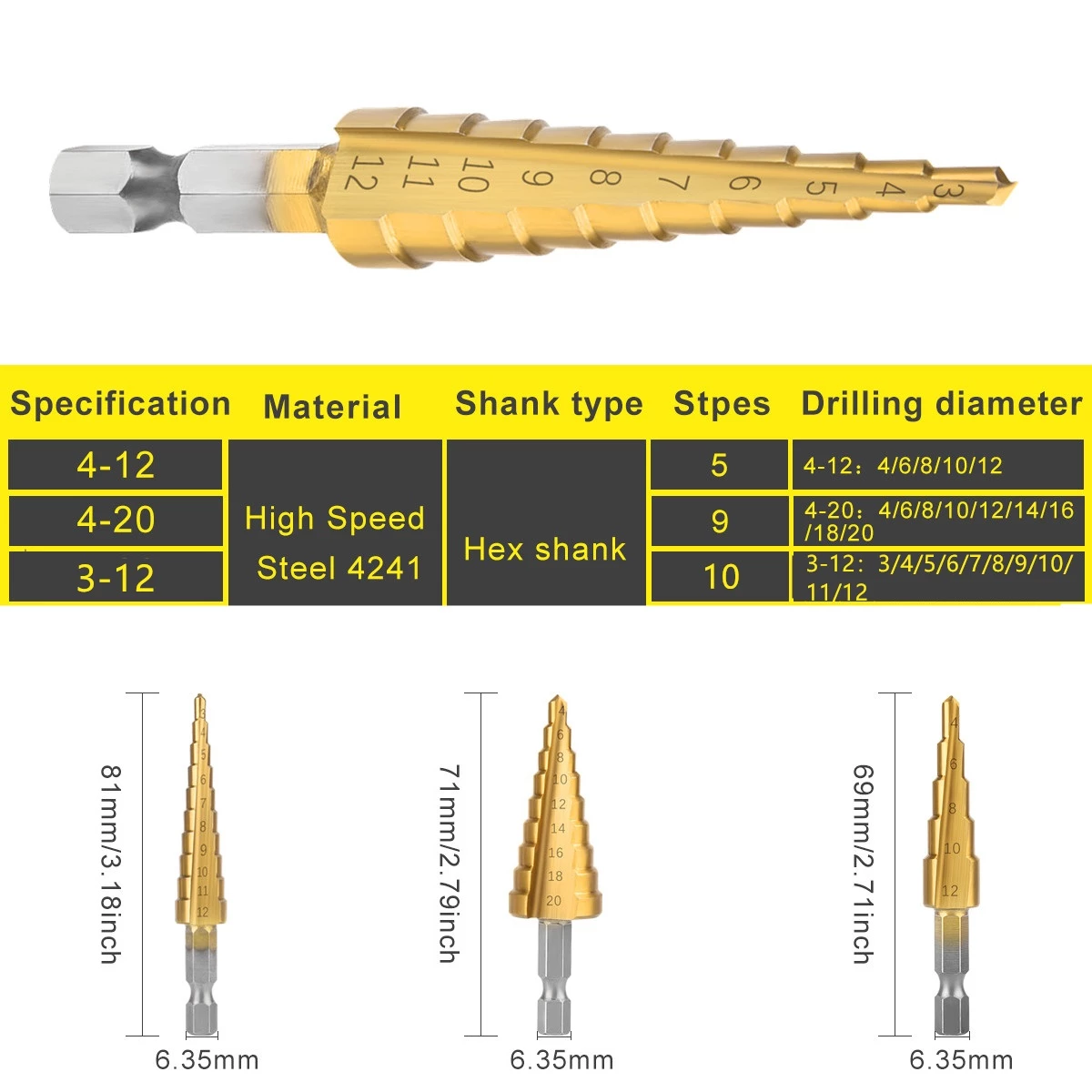 3PCS 3-12mm 4-12mm 4-20mm Drill Bit Set HSS Groove Titanium Coated Wood Metal Hole Cutter Carpentry Core Drill Tools Set