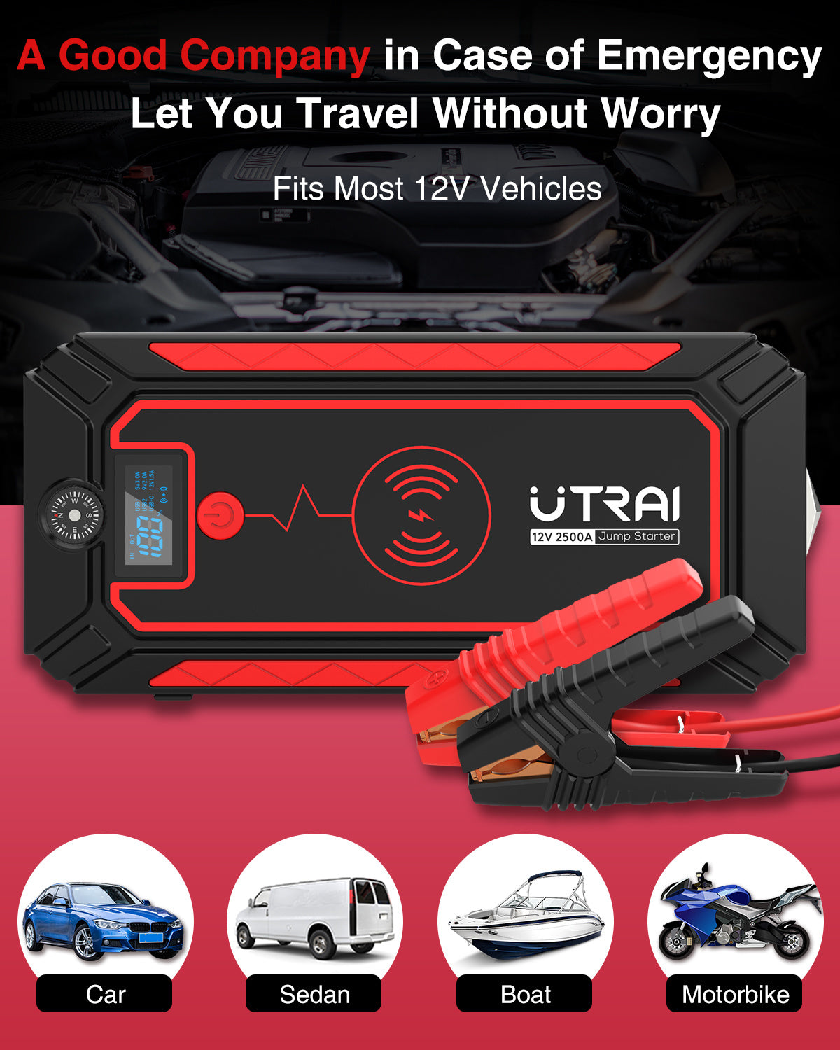 UTRAI 2500A 24000mAh(8L Gas 7.5L Diesel Engine) 12V Battery Jump Pack Power Bank with Flashlight, USB QC3.0 (Model BJ-4-OR)