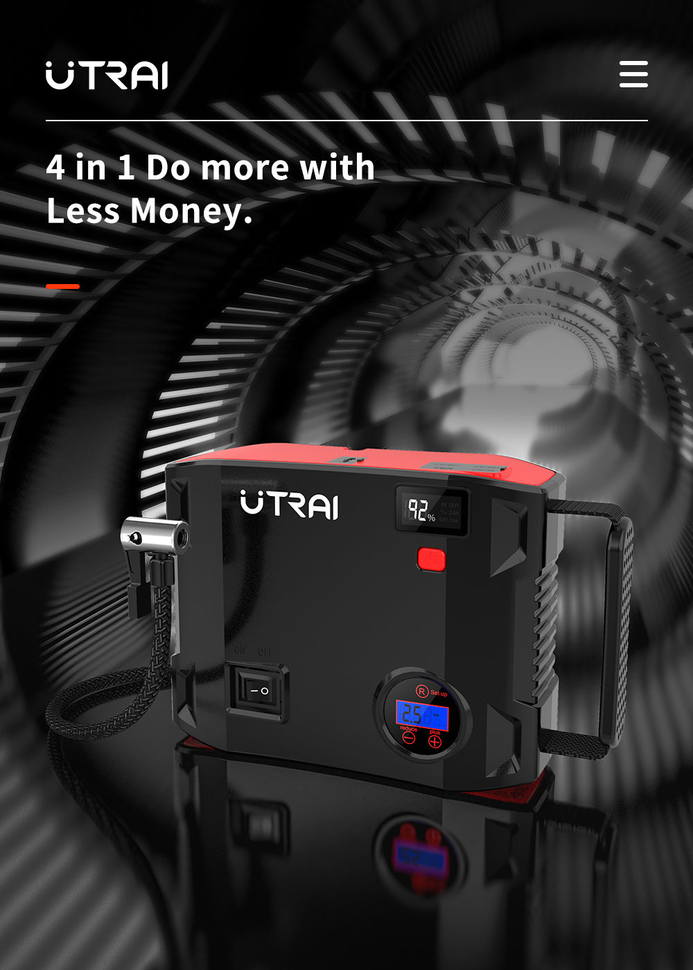 UTRAI 2000 Amp 24000mAh 12V Car Battery Charger with 150 PSI Tire Inflator, Jumper Cables Jump Box for up to 8L Gas and 6.5L Diesel Engines (Model BJ-5-OR)