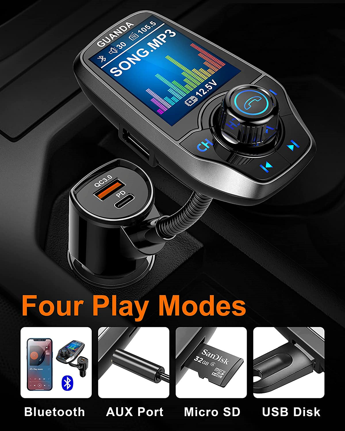 Bluetooth FM Transmitter in-Car Wireless Radio Adapter Kit W 1.8" Color Display Hands-Free Call AUX in/Out SD/TF Card USB Charger PD 20W for All Smartphones Audio Players