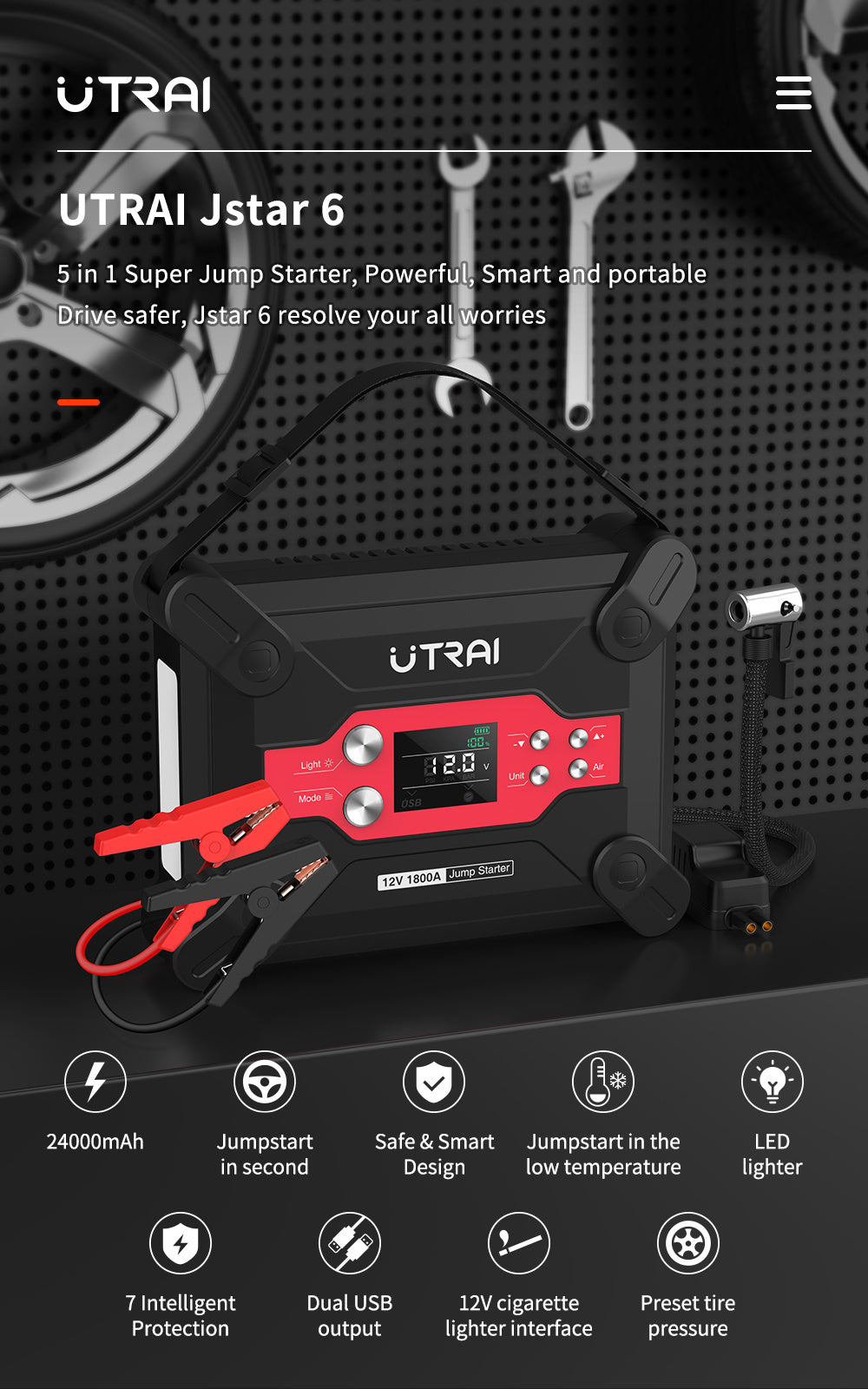 UTRAI 1800A Car Battery Starter with 120PSI Digital Tire Inflator, 12V Lithium Jump Pack for up to 7.0L Gas and 6.0L Diesel Engines (Model BJ-6-OR)