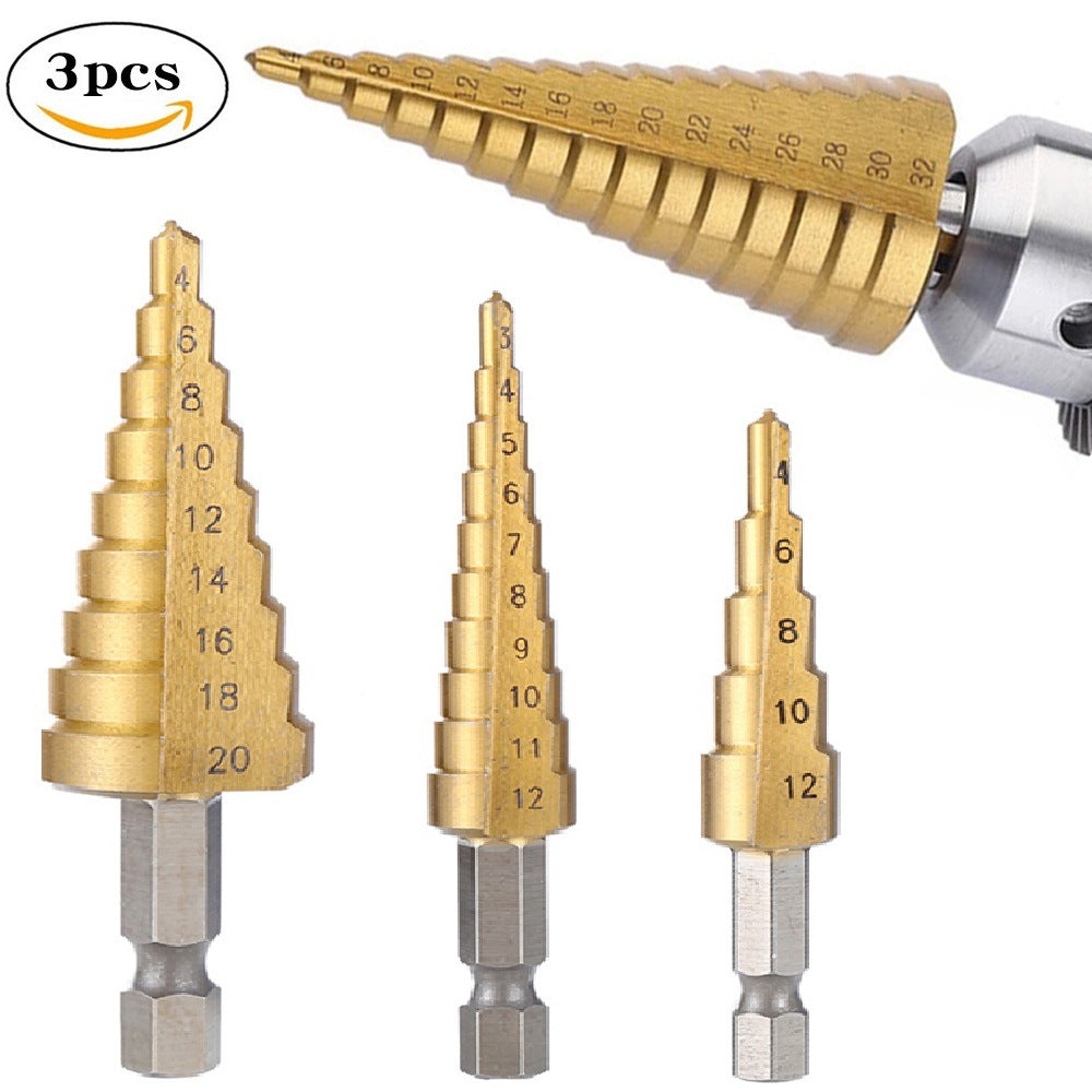 3PCS 3-12mm 4-12mm 4-20mm Drill Bit Set HSS Groove Titanium Coated Wood Metal Hole Cutter Carpentry Core Drill Tools Set