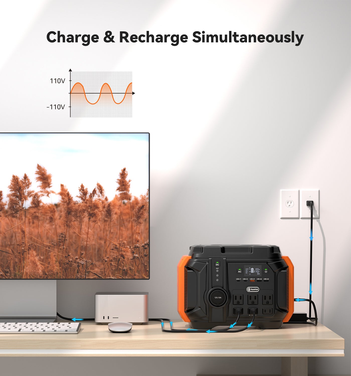 FF FLASHFISH 600W Portable Power Station;  540Wh/150000mAh UPS Solar Generator With 600W(Surge1200W) AC;  100W PD USB-C & 15W Magnetic Wireless Charger;  Backup Power For Home Blackout/Camping/CPAP