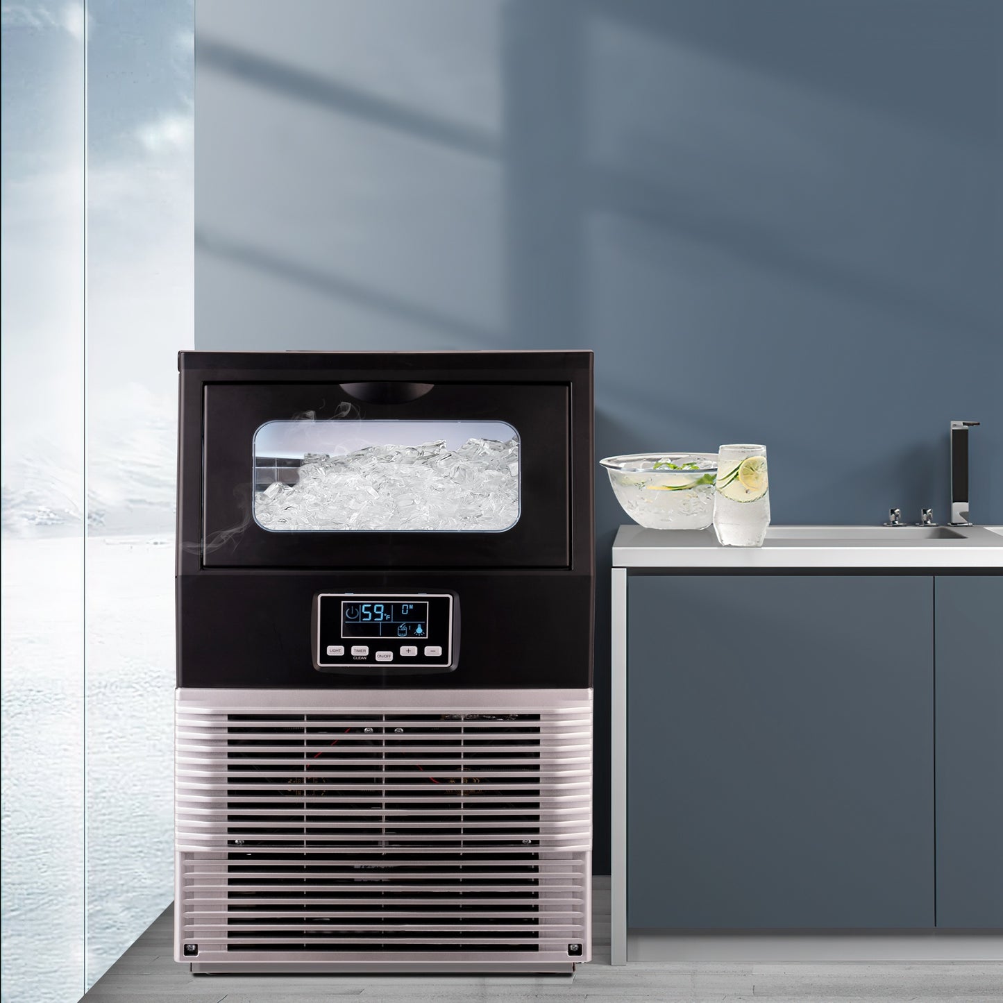 Freestanding Commercial Ice Maker Machine 66LBS/24H, Auto-Clean Built-in Automatic Water Inlet Clear Ice Cube Maker with Scoop, Ideal for Supermarkets Cafes Bakeries Bars Restaurants Home Office