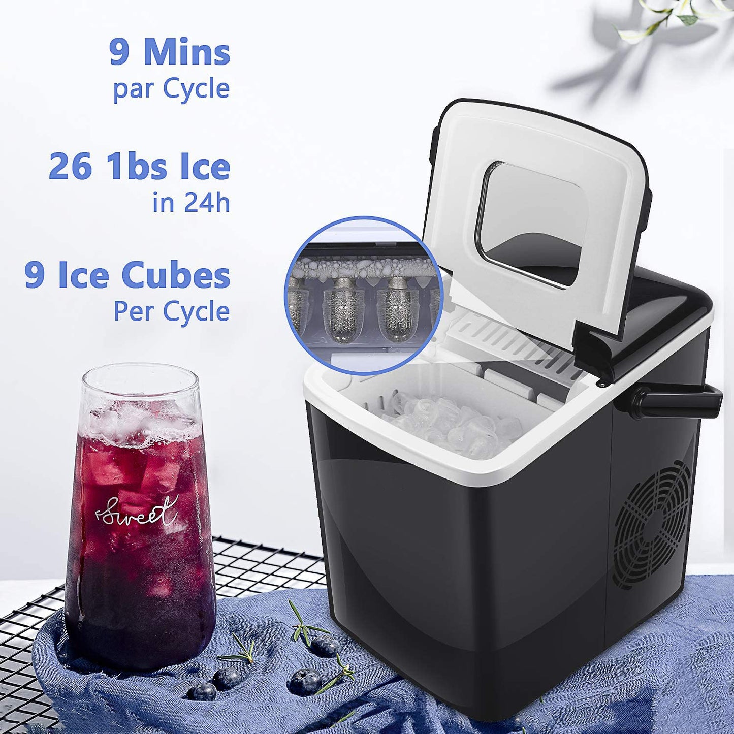 Portable Ice Maker 9 Cubes ready in 9 min/26lbs per 24h with 2 Optional Ice Cube Sizes