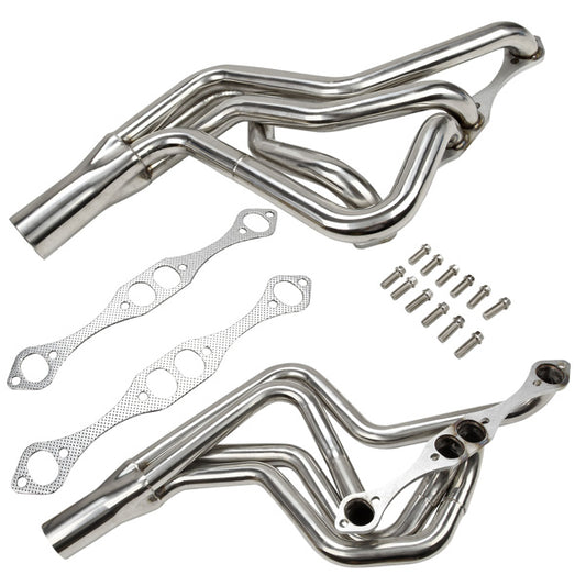 Small Block Chevy street stock headers for 1972-1987 Malibu; Monte Carlo; Grand Prix; Cutlass and Regal. Also fits a 1970-1981 Camaro 28166