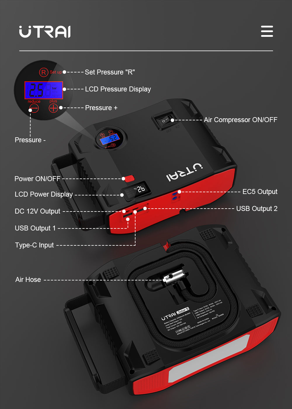 UTRAI 2000 Amp 24000mAh 12V Car Battery Charger with 150 PSI Tire Inflator, Jumper Cables Jump Box for up to 8L Gas and 6.5L Diesel Engines (Model BJ-5-OR)