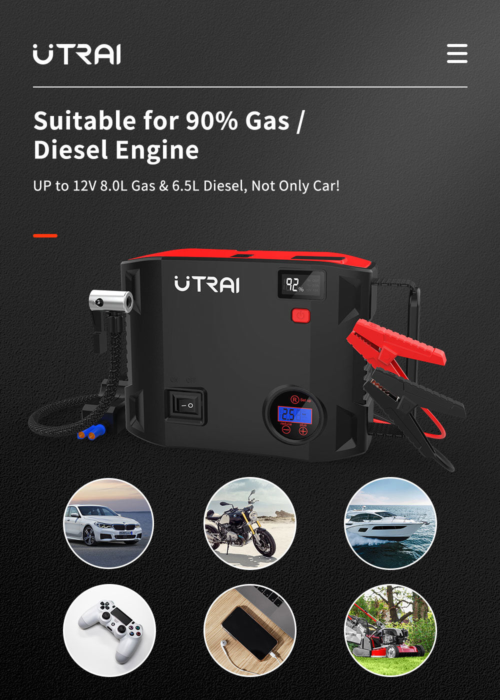 UTRAI 2000 Amp 24000mAh 12V Car Battery Charger with 150 PSI Tire Inflator, Jumper Cables Jump Box for up to 8L Gas and 6.5L Diesel Engines (Model BJ-5-OR)