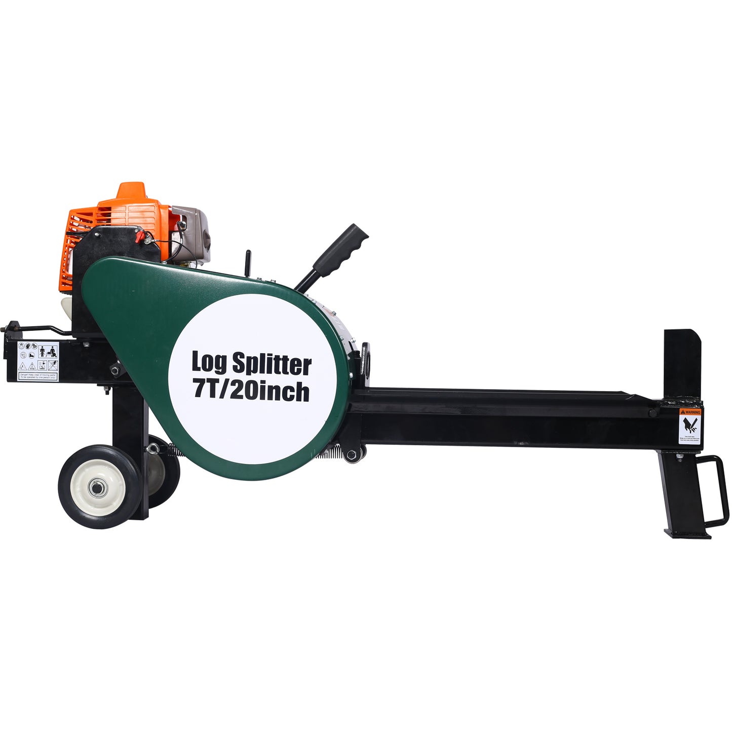 Double Flywheel Electric Log Splitter 7-Ton Compact Horizontal Gas Log Splitter with Auto Return 20in; portable 63cc engine firewood splitting forestry harvesting