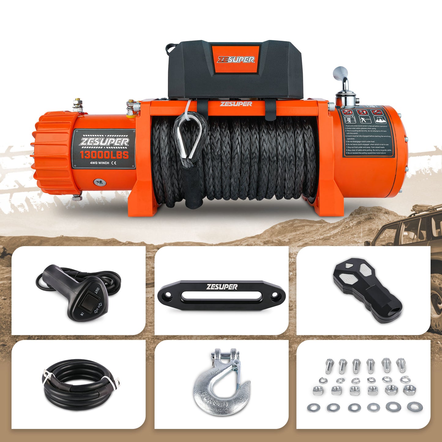 ZESUPER 13000 lb Load Capacity Electric Winch 12V Waterproof IP67 Winch Truck Winch Kit Synthetic Rope; Waterproof Off Road Winch for Jeep; Truck; SUV with Wirless Remote and Corded Control