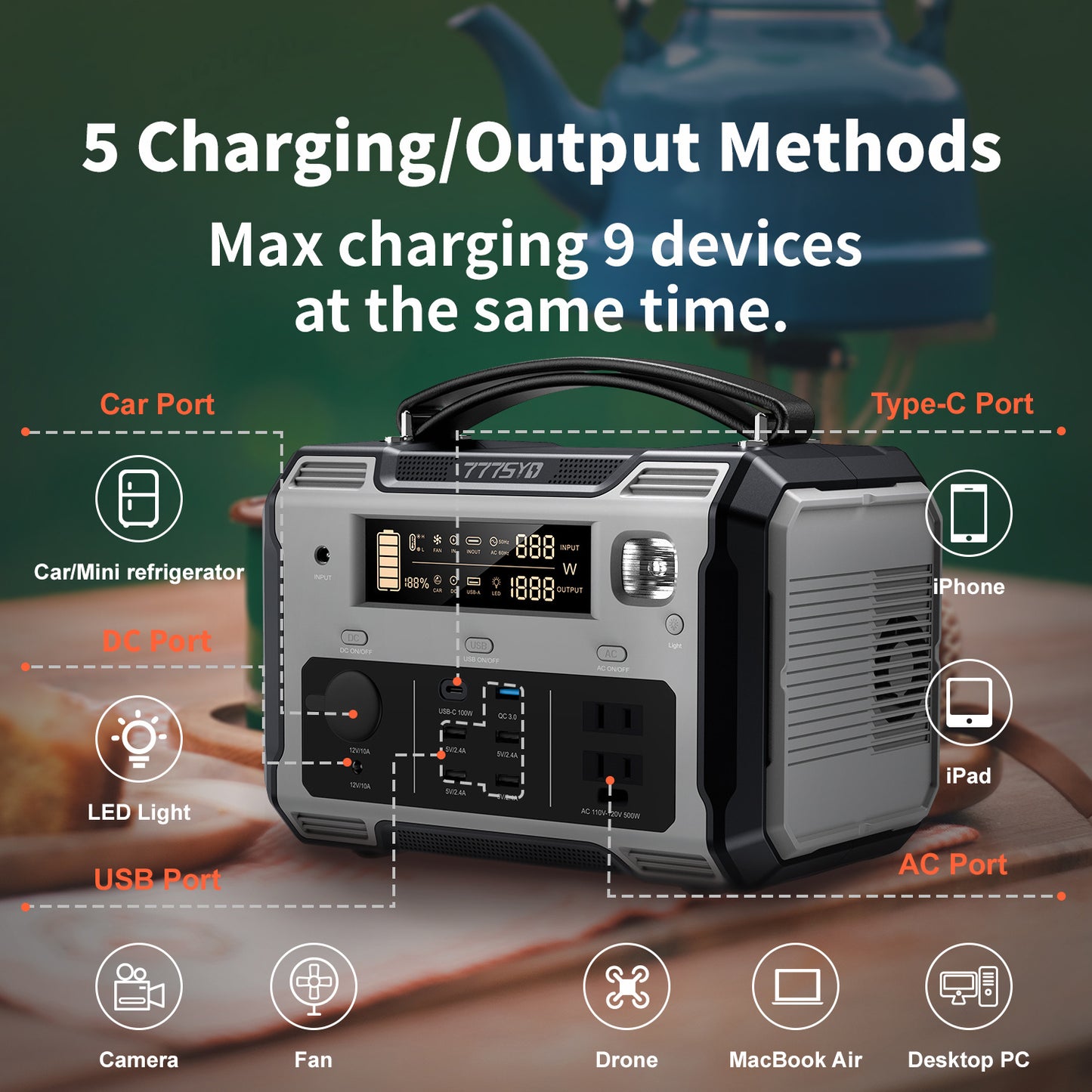 Portable Power Station;  500W Solar Generator with 484Wh Backup Lithium Battery;  110V AC Outlets;  USB-C PD 100W;  Outdoor Generators with LED Light for Outdoor Camping Travel Emergency Blackout