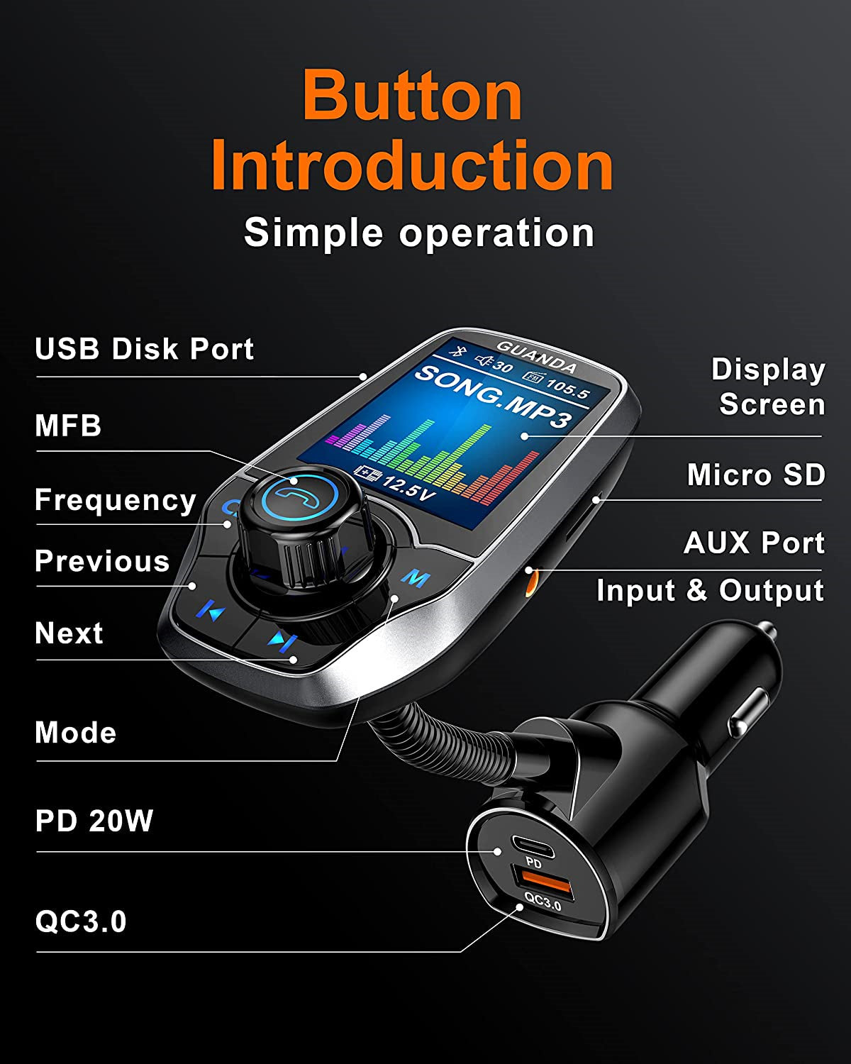 Bluetooth FM Transmitter in-Car Wireless Radio Adapter Kit W 1.8" Color Display Hands-Free Call AUX in/Out SD/TF Card USB Charger PD 20W for All Smartphones Audio Players