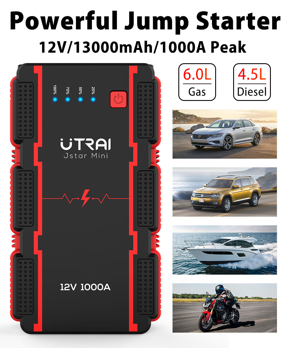 UTRAI Car Battery Starter, 1000A Peak 13000mAh 12V Car Auto Jump Starter, Portable Battery Booster with Lithium Jump Box and LED Light (Up to 6L Gas or 4.5L Diesel Engine) (Model BJ-MINI-OR)