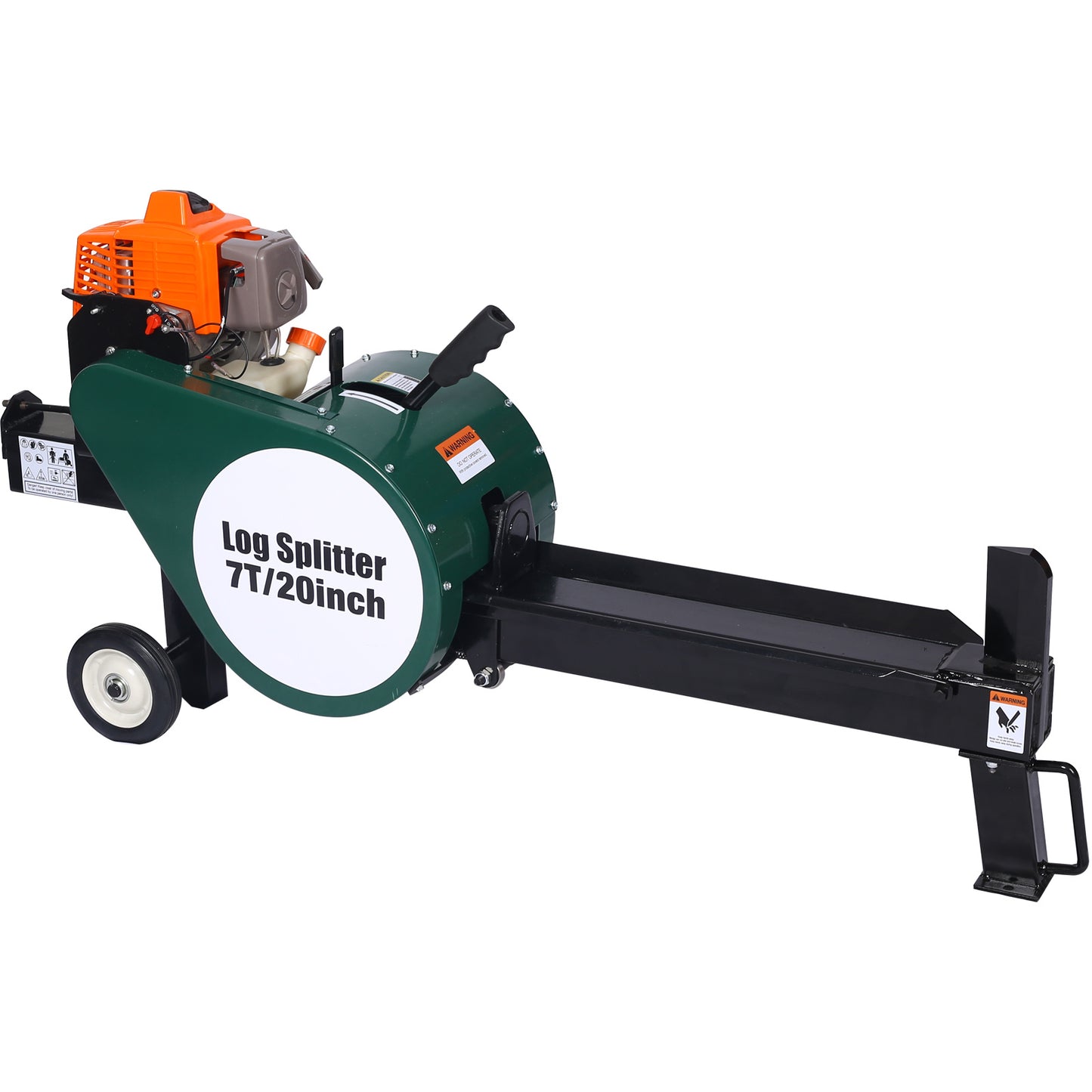 Double Flywheel Electric Log Splitter 7-Ton Compact Horizontal Gas Log Splitter with Auto Return 20in; portable 63cc engine firewood splitting forestry harvesting