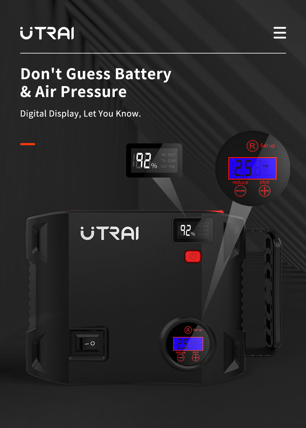 UTRAI 2000 Amp 24000mAh 12V Car Battery Charger with 150 PSI Tire Inflator, Jumper Cables Jump Box for up to 8L Gas and 6.5L Diesel Engines (Model BJ-5-OR)