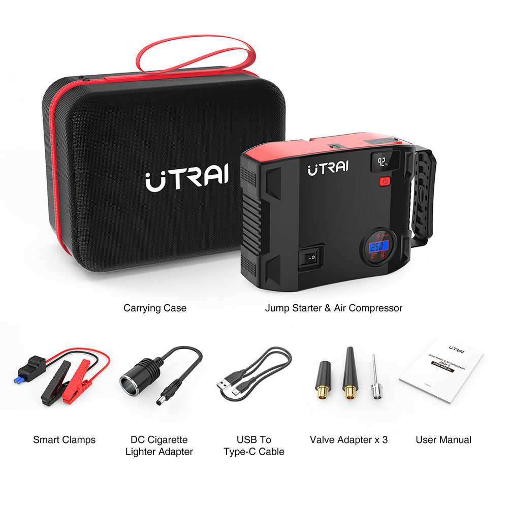 UTRAI 2000 Amp 24000mAh 12V Car Battery Charger with 150 PSI Tire Inflator, Jumper Cables Jump Box for up to 8L Gas and 6.5L Diesel Engines (Model BJ-5-OR)